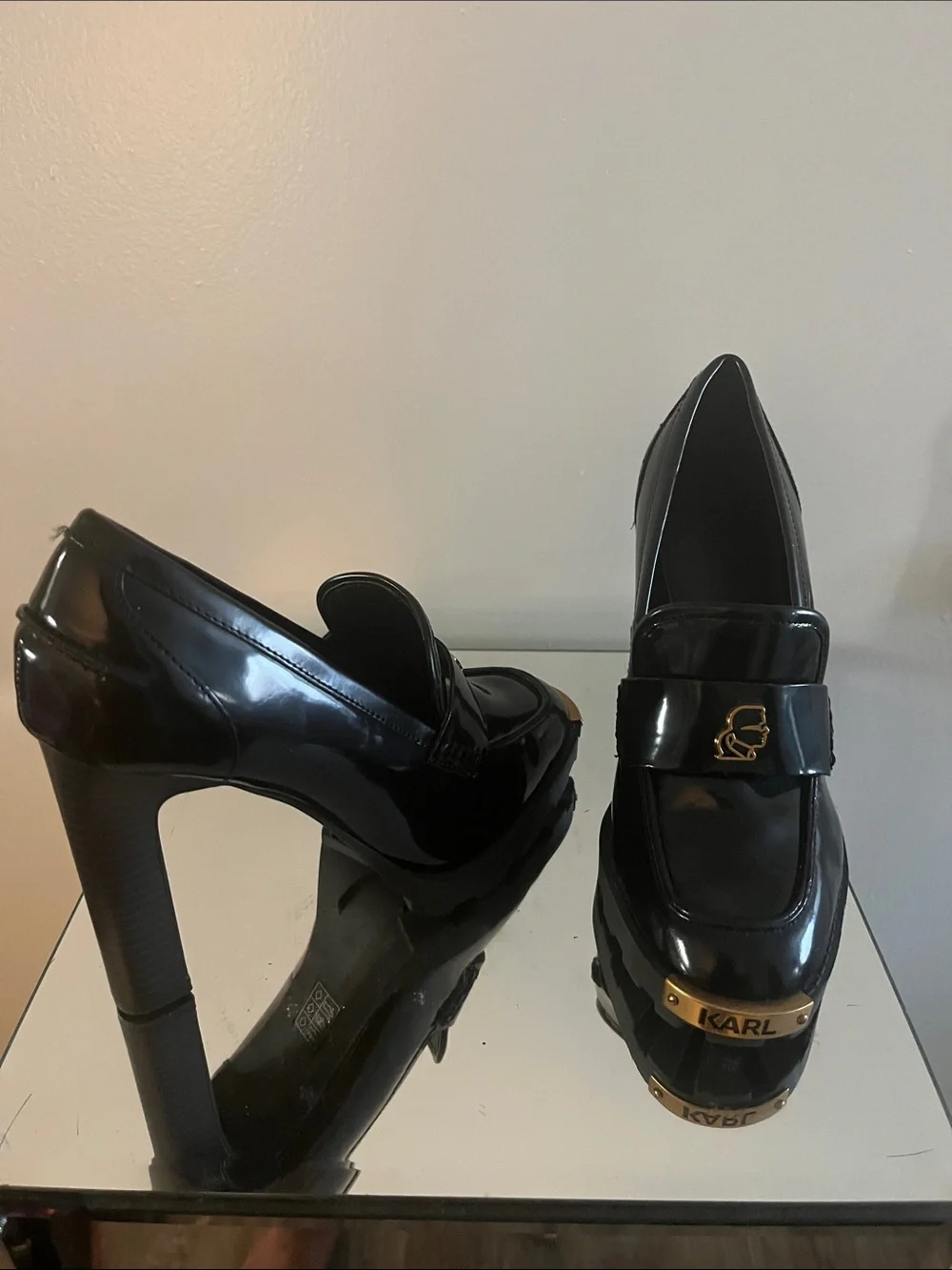 Karl Lagerfeld Black Patent Platform Loafer Pumps with Gold Accents
